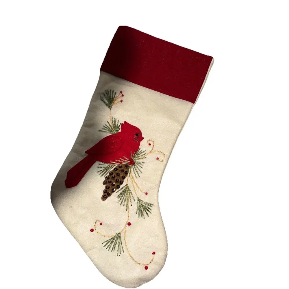 Christmas Stocking Cardinal Birds Ribbon Embroidery Cream Velvet Red Cuff 20